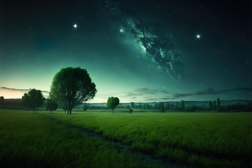 Ethereal Fantasy Landscape: Green Field under Starry Sky
