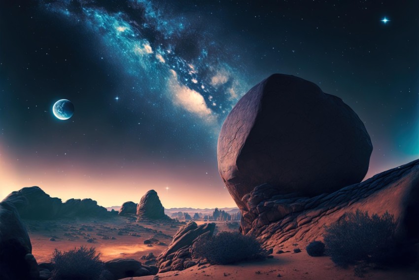 Dreamy Space Scene with Rocks and Planets | Photorealistic Pastiche