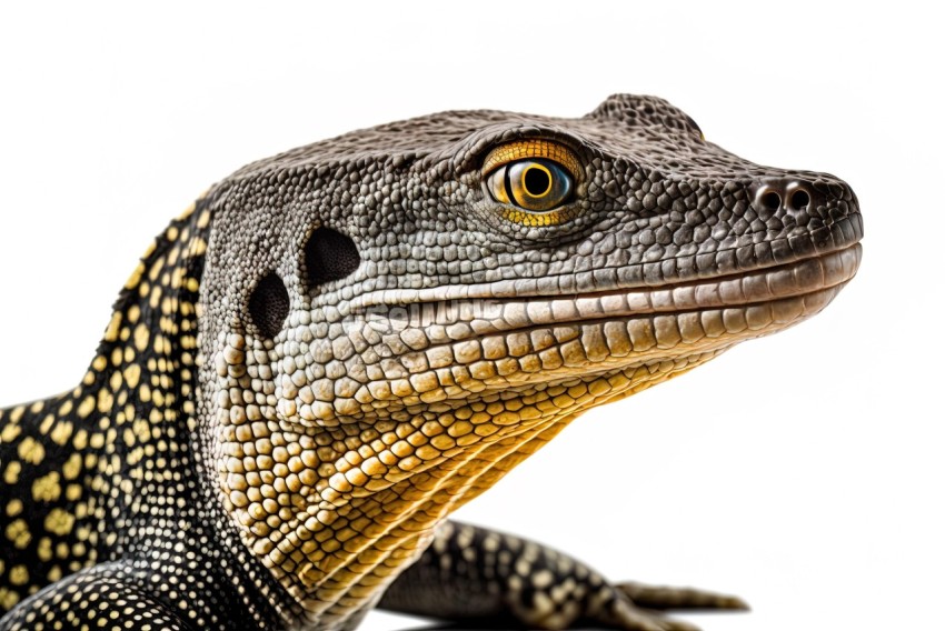 Close Up of a Black and Yellow Monitor Lizard on White Background