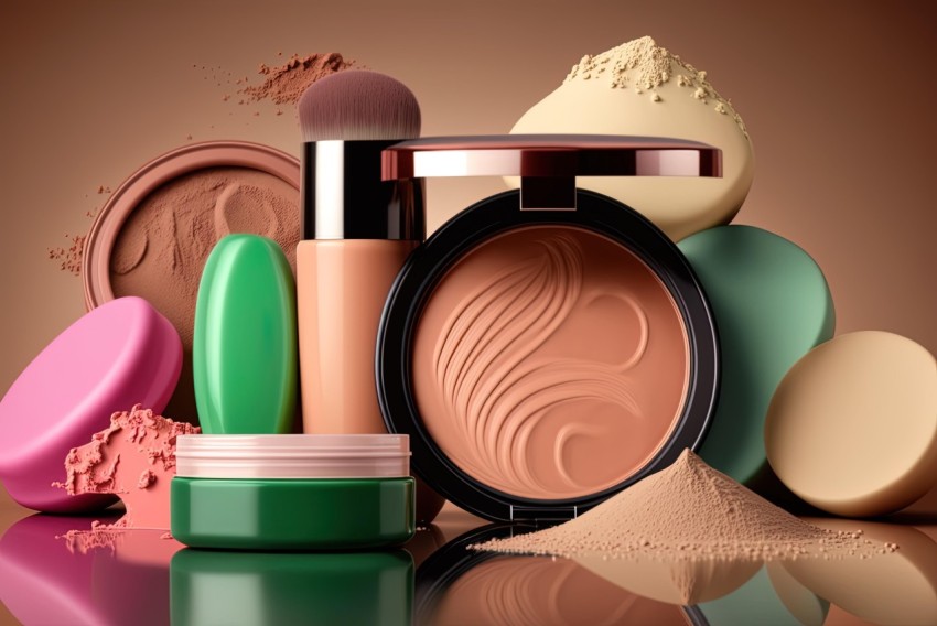 Fashion & Beauty: Makeup Products in Different Styles on Brown Background