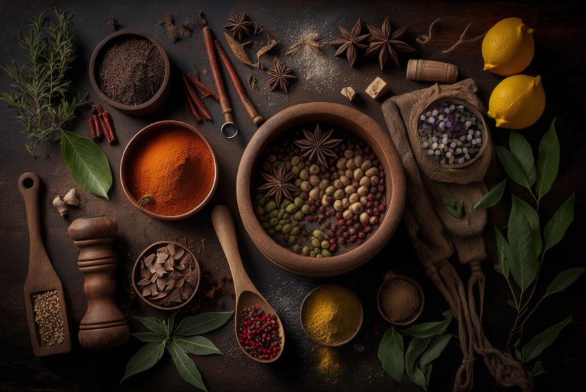 Dark Background with Vibrant Spices and Herbs | Thai Art Style
