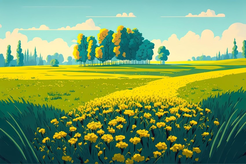 Yellow Flowers on Field - Flat Color Style - Hyper-Detailed Illustrations