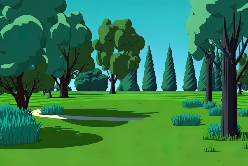 Green Field with Cartoon Trees in Disney Animation Style