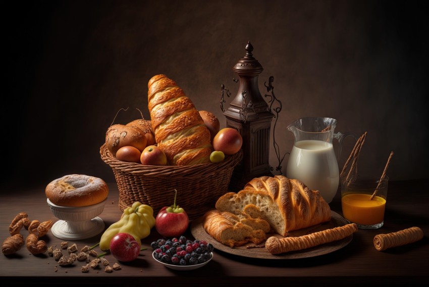 Captivating Still Life: Basket of Fruit and Wheat Bread