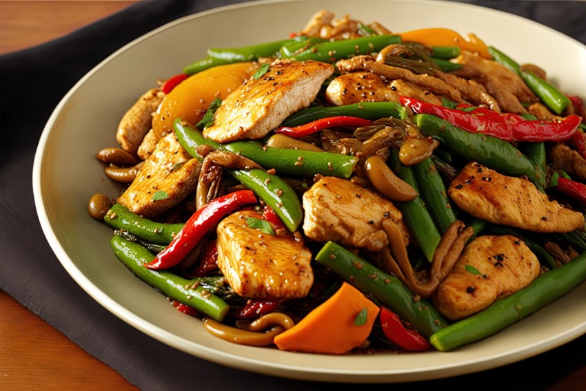 Exquisite Plate with Green Beans, Mushrooms, and Chicken | Asian-inspired Delicacy