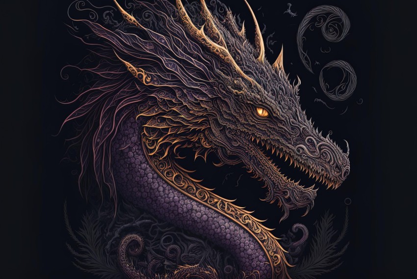 Intricate Dragon Head Illustration on Dark Background