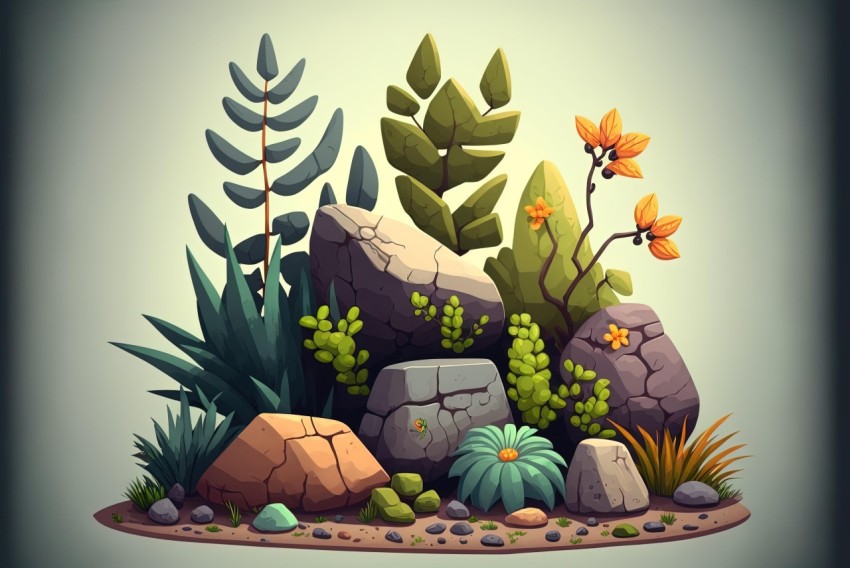 Rock Garden Illustration with Cactus, Grass, and Flowers | 2D Game Art Style