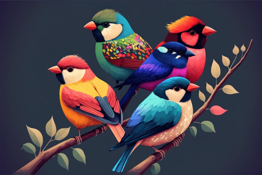 Colorful Birds Sitting on a Branch - Bold and Eye-Catching Illustration