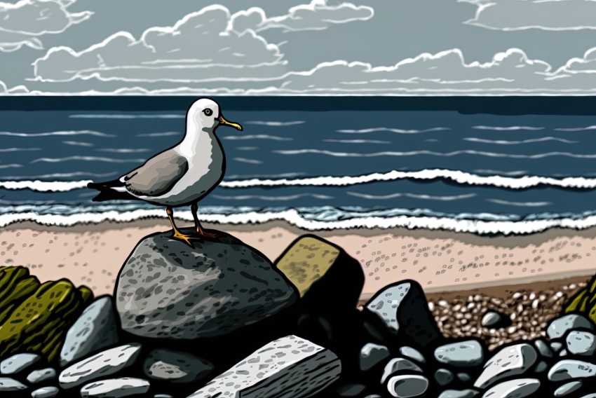 Seagull Sitting on Seaside Rocks - Detailed Shading Illustration
