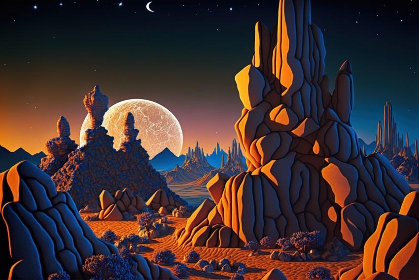 Detailed Desert Landscape with Rocks and Moon | Psychedelic Style