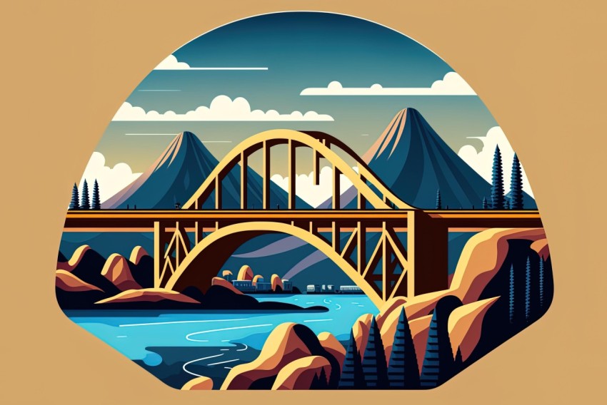 Art Nouveau-Inspired Bridge Illustration with Coastal Scenes