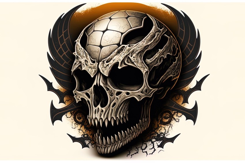 Intricate Skull with Wings and Tattoo on Dark Silver and Light Orange Background