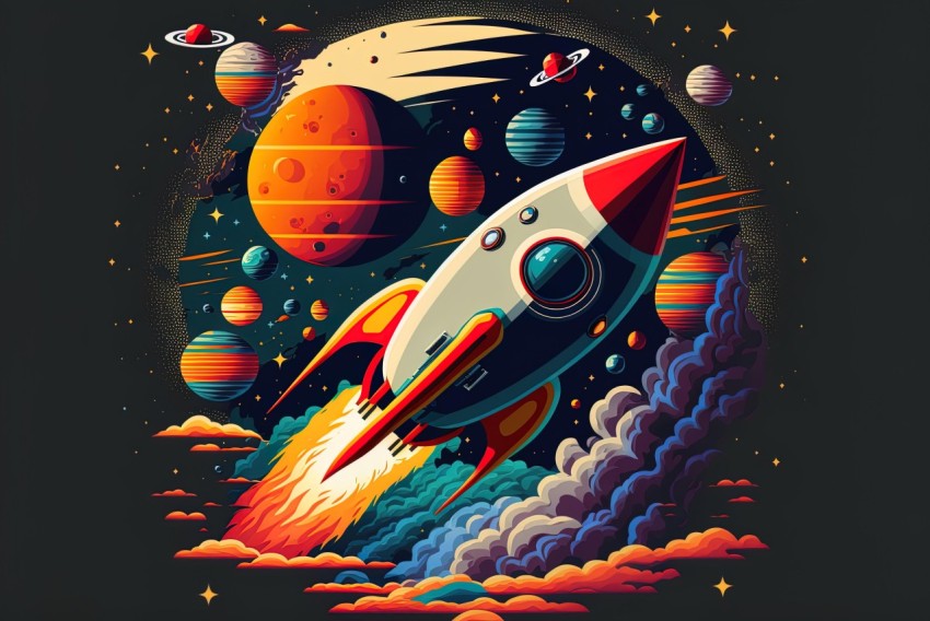 Retro Space with Planets and Flying Rocket - Multidimensional Shading