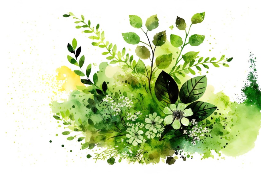 Green Watercolor Flowers and Leaves Arrangement - Art Contest Winner