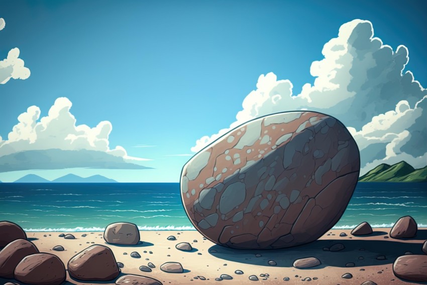 Playful Stone on Beach - Cartoon Abstraction Style