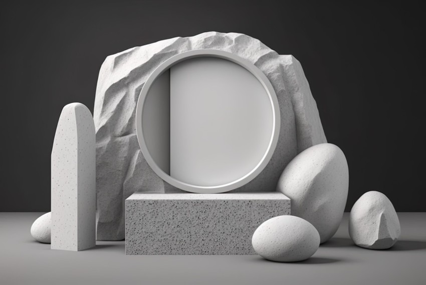 White Stones and Mirror surrounded by Rocks - Zbrush Minimalist Stage Designs