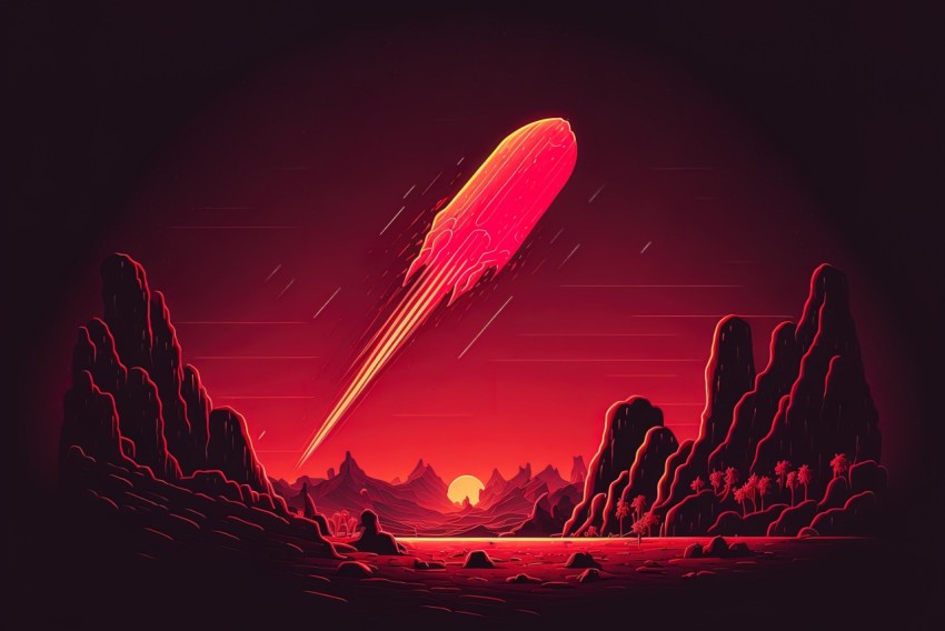 Red Rocket Flying over Hills with Mountains | Fluorescent Colors