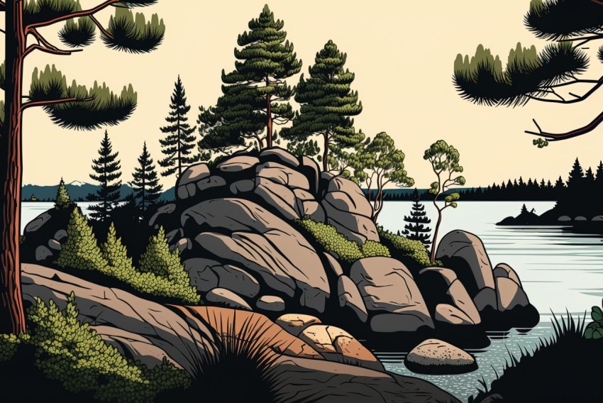 Forest Scene Illustration: Detailed Marine Views and Organic Stone Carvings