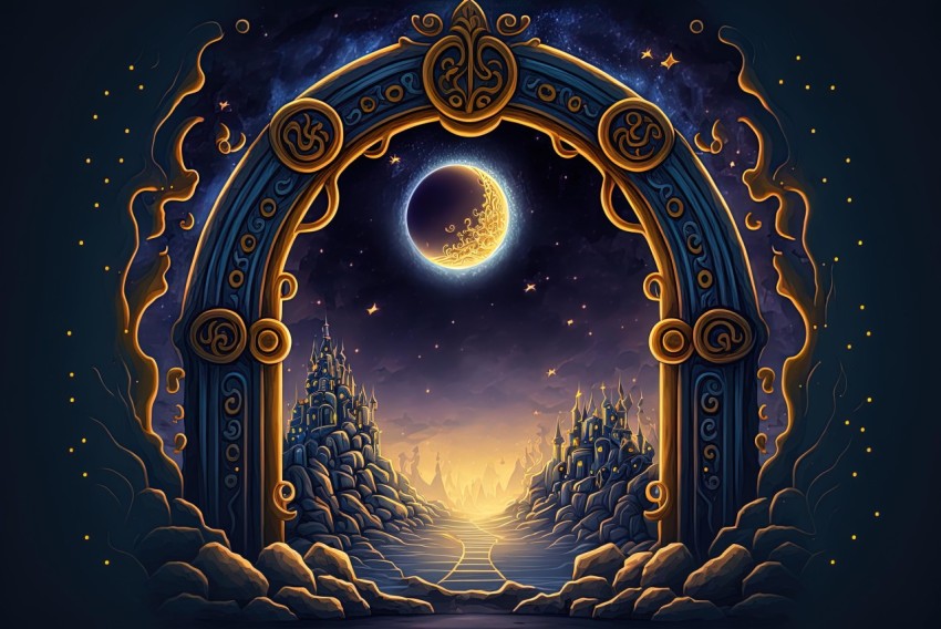 Moonlit Ornate Gate in a Dark Landscape - 2D Game Art
