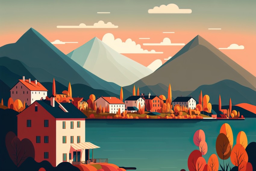 House Interior in Autumn Theme: Illustration with Mountains and Buildings