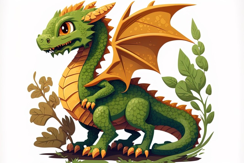 Green Dragon with Orange Wings - Fairy Tale Style Illustration