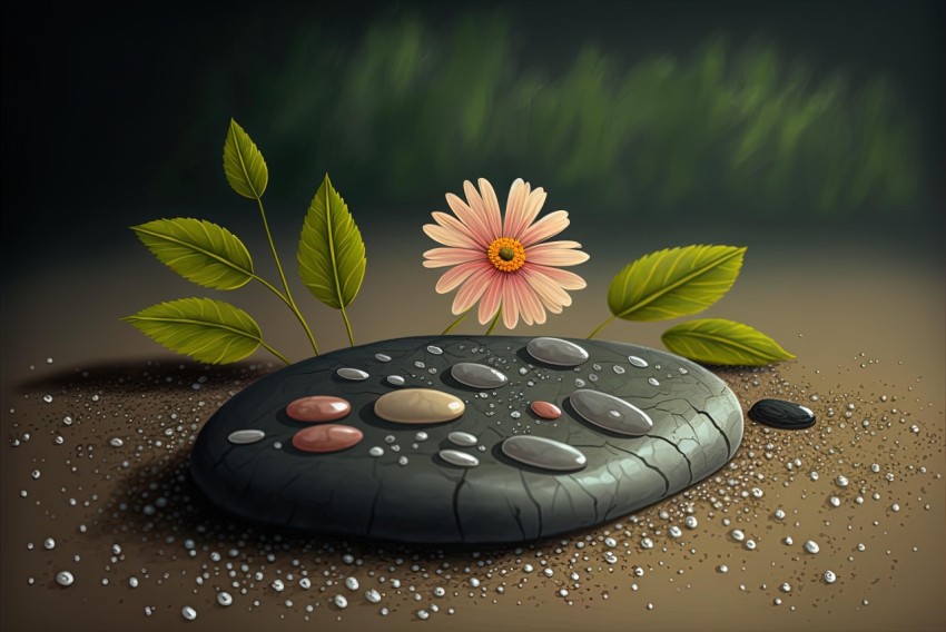 Serene and Peaceful Rock with Flowers: Realistic Portrayal