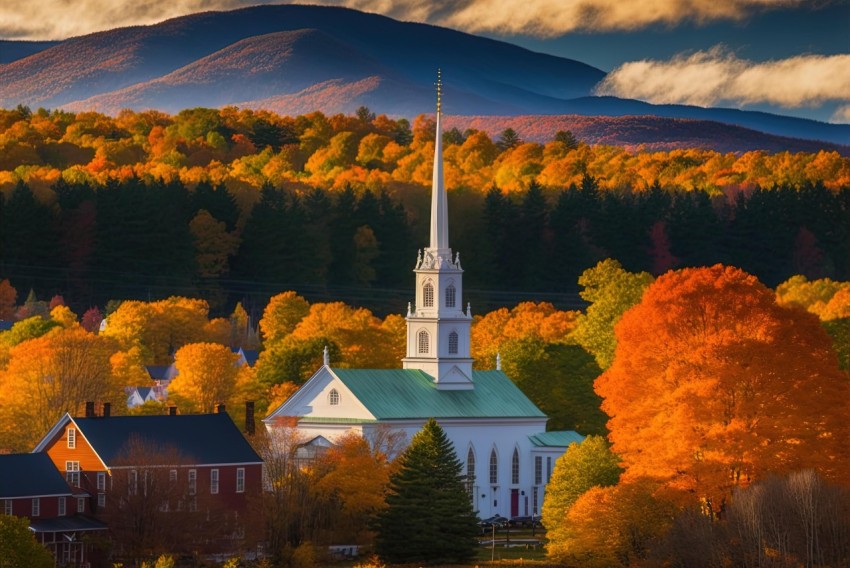 Church in the Mountains: Iconic American Style with Vibrant Fall Leaves