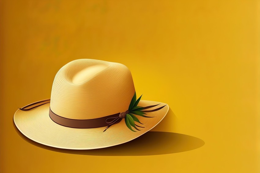 Hat and Leaves on Yellow Background - Realistic Rendering