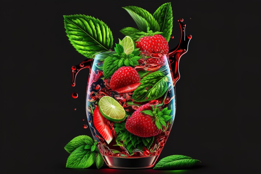 Strawberry Cocktail in Glass: Hyper-Realistic Illustration
