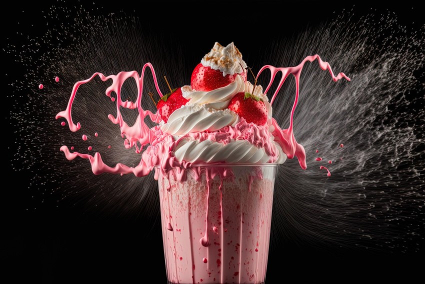 Whipped Cream and Strawberry Splash on Black Background | Surrealist-Inspired Art