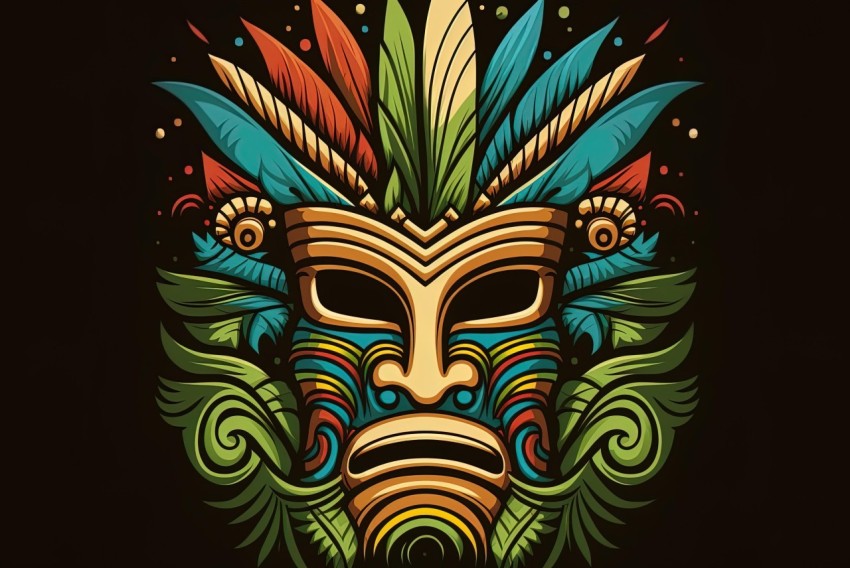 Colorful Tiki Mask Illustration on Black Background