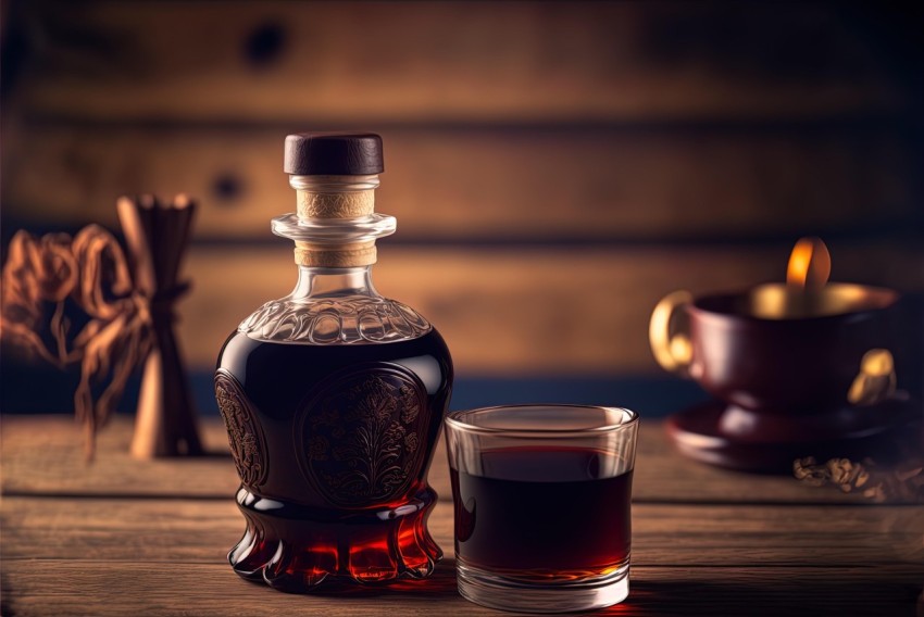 Dark Red and Black Bottle of Spirits on Wooden Table | Medieval-Inspired Decor