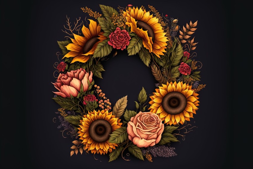 Sunflower Wreath on Black Background - Realism with Fantasy Elements