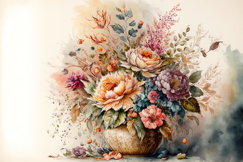 Watercolor Painting of a Vase Filled with Flowers | Rococo Pastel Colors