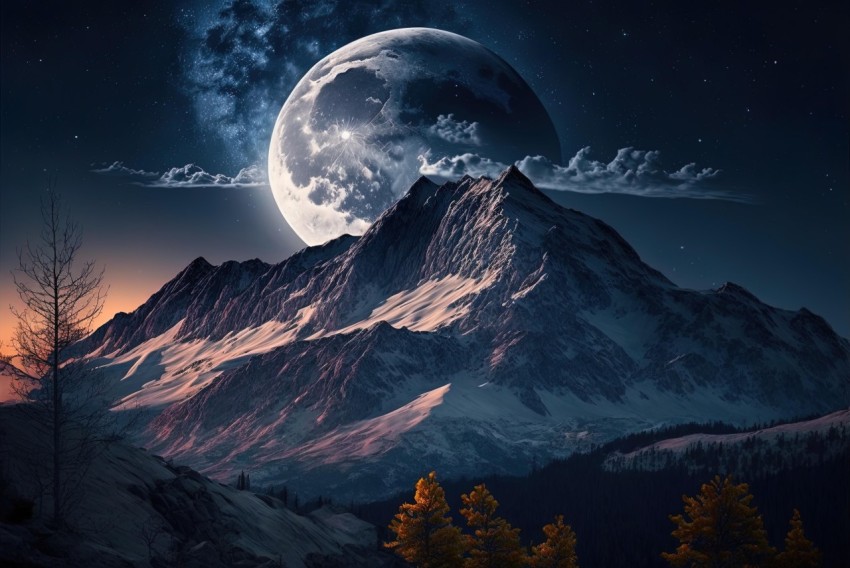 Moon over Mountain Landscape - Realistic Fantasy Art