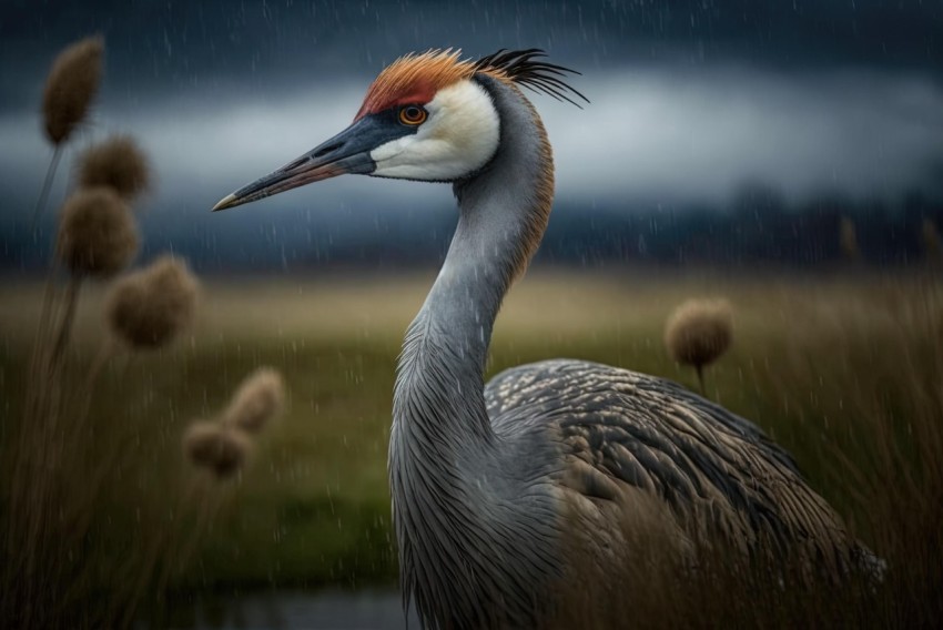 Grey Crane in Rain at Lake - Hyperrealistic Wildlife Portraits