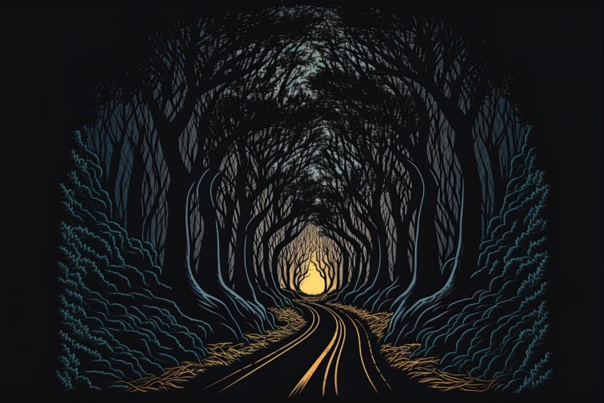 Dark Forest Road - Intricate Pen Illustration