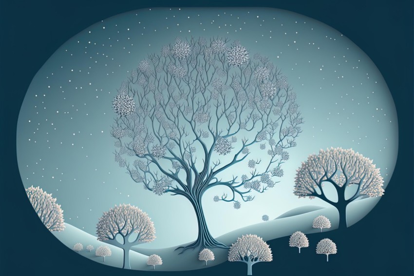 Art Nouveau Winter Tree Illustration in Serene Landscape