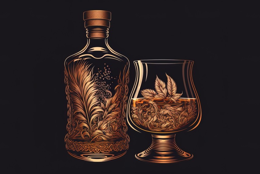 Detailed and Ornate Whiskey Bottle Artwork on Black Background