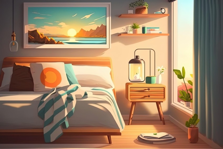 Retro Style Bedroom Interior with Vibrant Landscapes and Light-Filled Seascapes