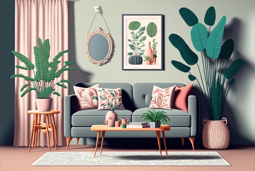 Whimsical Cartoon Living Room with Plants and Couch