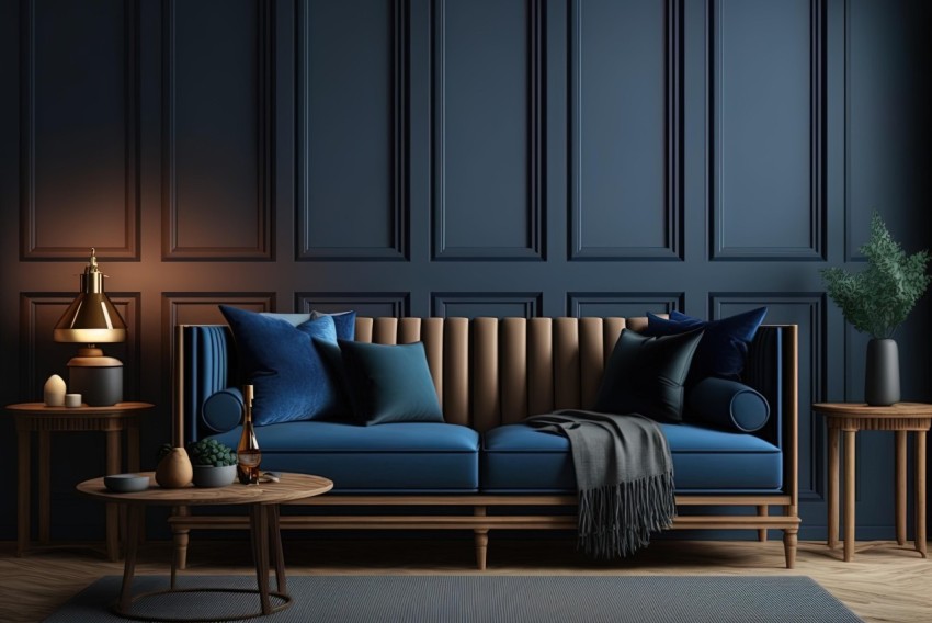 Blue Couch in Dark Room | Neoclassical Design | Realistic Lighting
