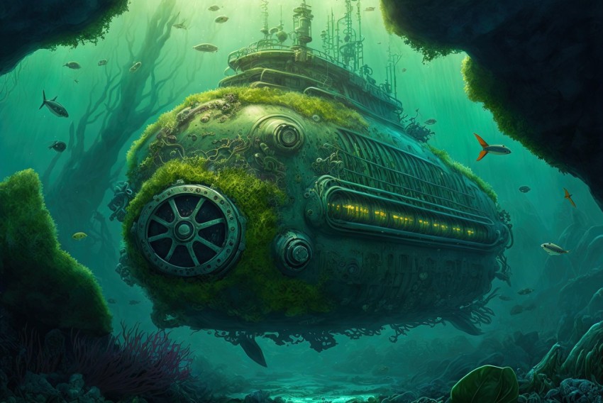 Intricate Steampunk Submarine Floating in Tropical Green Ocean