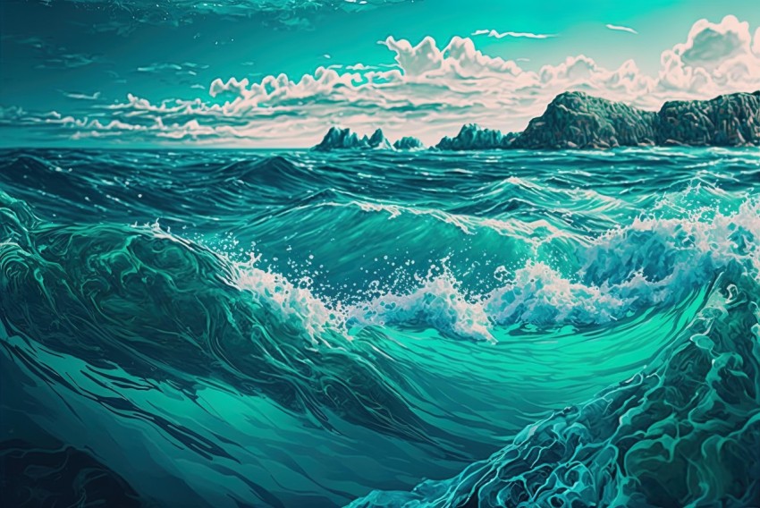 Ocean Waves Illustration - Detailed Character Illustrations in Teal and Emerald
