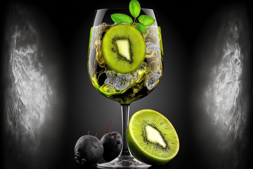 Iced Wine Glass with Kiwi Slices | Dark Green and Black Composition