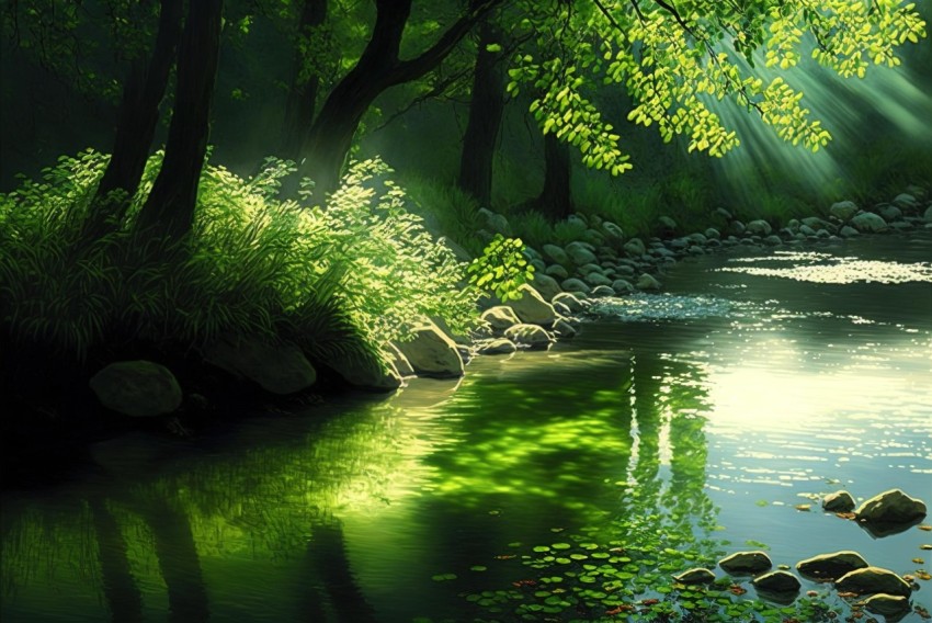 Realistic River with Lush Trees - Nature-Inspired Artwork