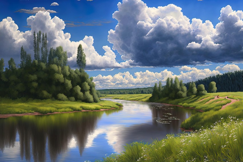 Clouds Over River: Lush Landscape Backgrounds