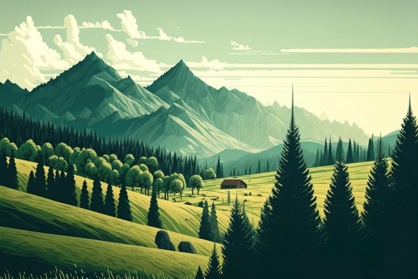 Stunning Poster Illustration of Countryside with Mountains | Intensely Detailed and Vibrant Artwork