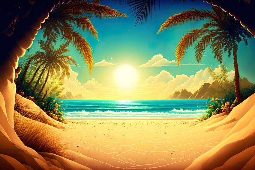 Luminous Beach Illustration with Palm Trees and Sand