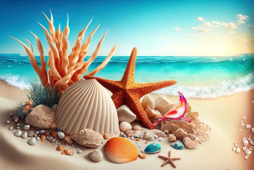 Luminous 3D Beach Scene with Starfish, Shells, and Crabs